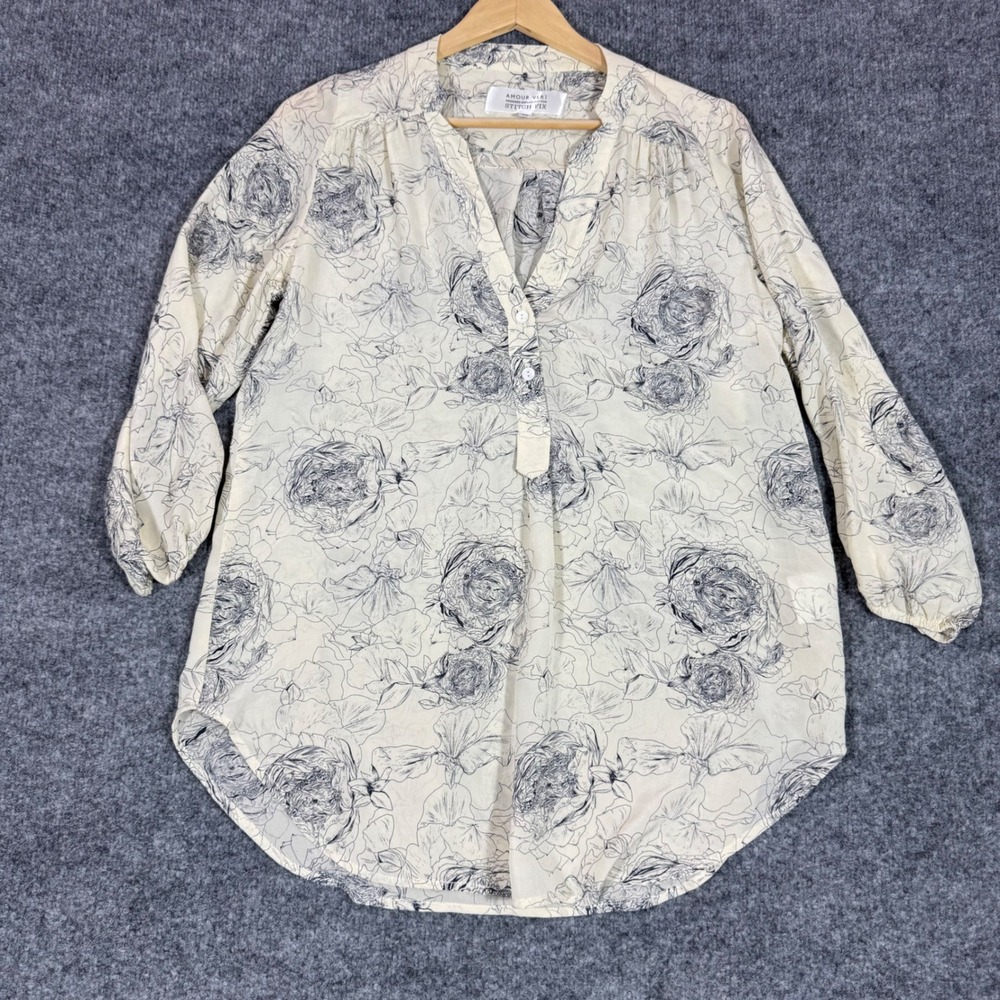 Amour Vert Stitch Fix Floral Blouse Womens M Cream 100% Silk Made in USA EUC